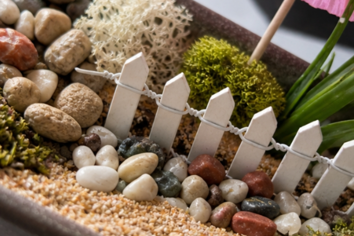 A tiny landscape made with moss, stones, bark, and miniature details